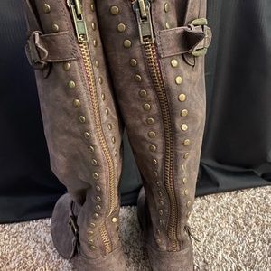 brown tall zip up boots with studs